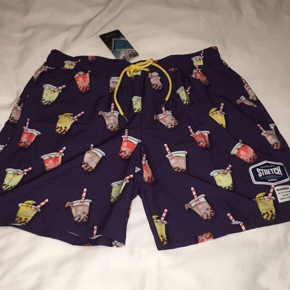 Mossman Sydney Bubble Tea boba tea Asia drink print stretch swim trunks shorts L - Picture 1 of 10